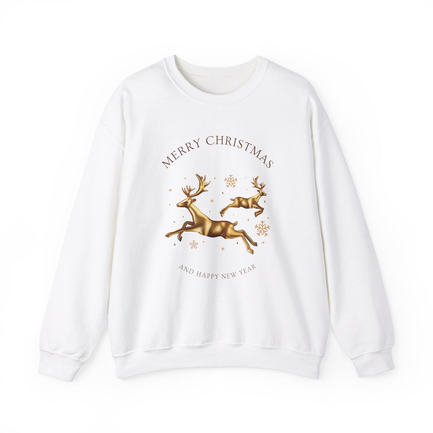 Unisex Heavy Blend Crewneck Sweatshirt Leaping Gold Reindeer 🎄✨ Merry Christmas & Happy New Year