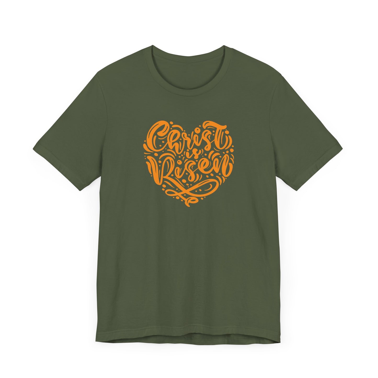 Unisex Jersey Short Sleeve Tee Easter 'Christ is Risen' Heart Shaped Orange Print