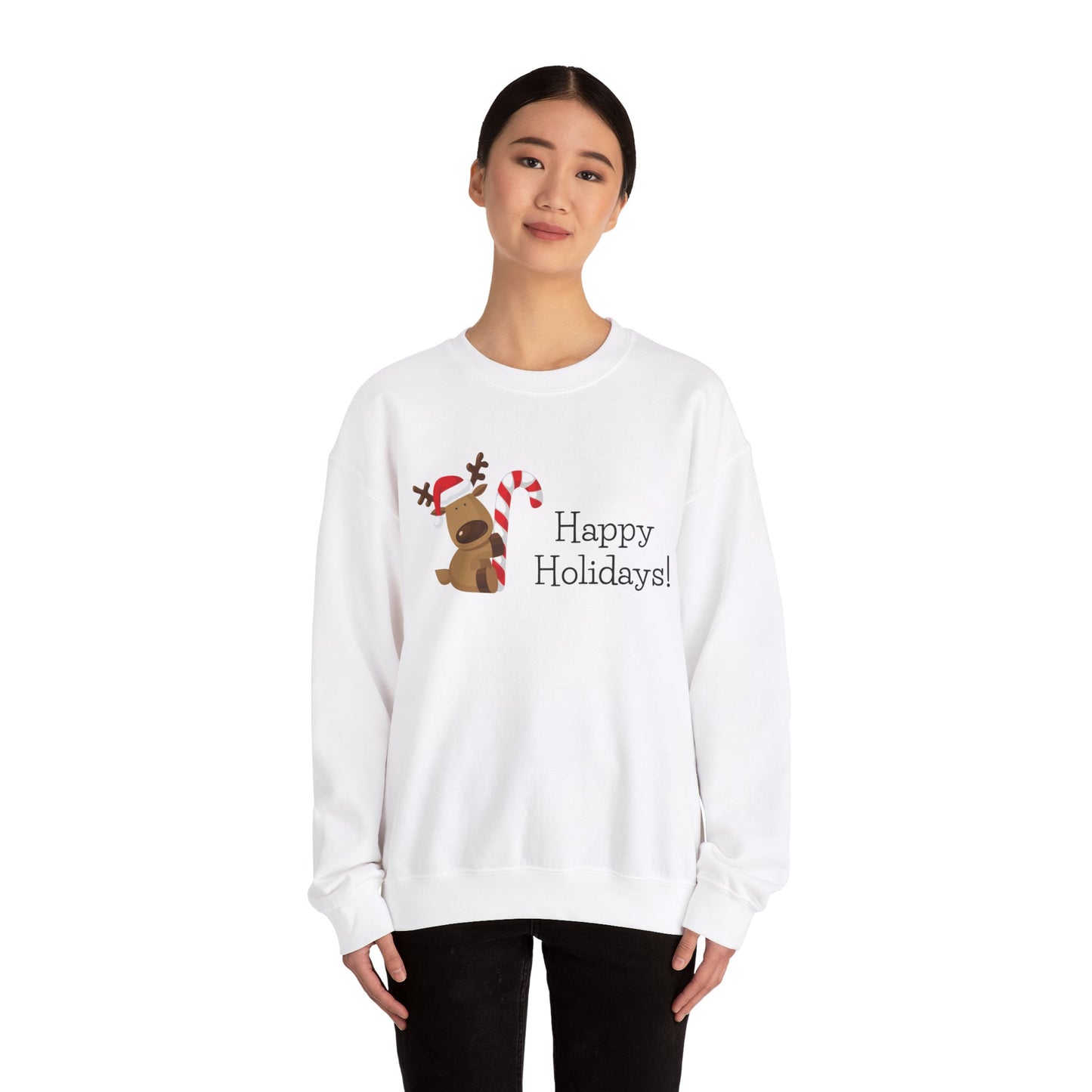 Unisex Heavy Blend Crewneck Sweatshirt Happy Holidays with Adorable Reindeer 🎄🦌🍭