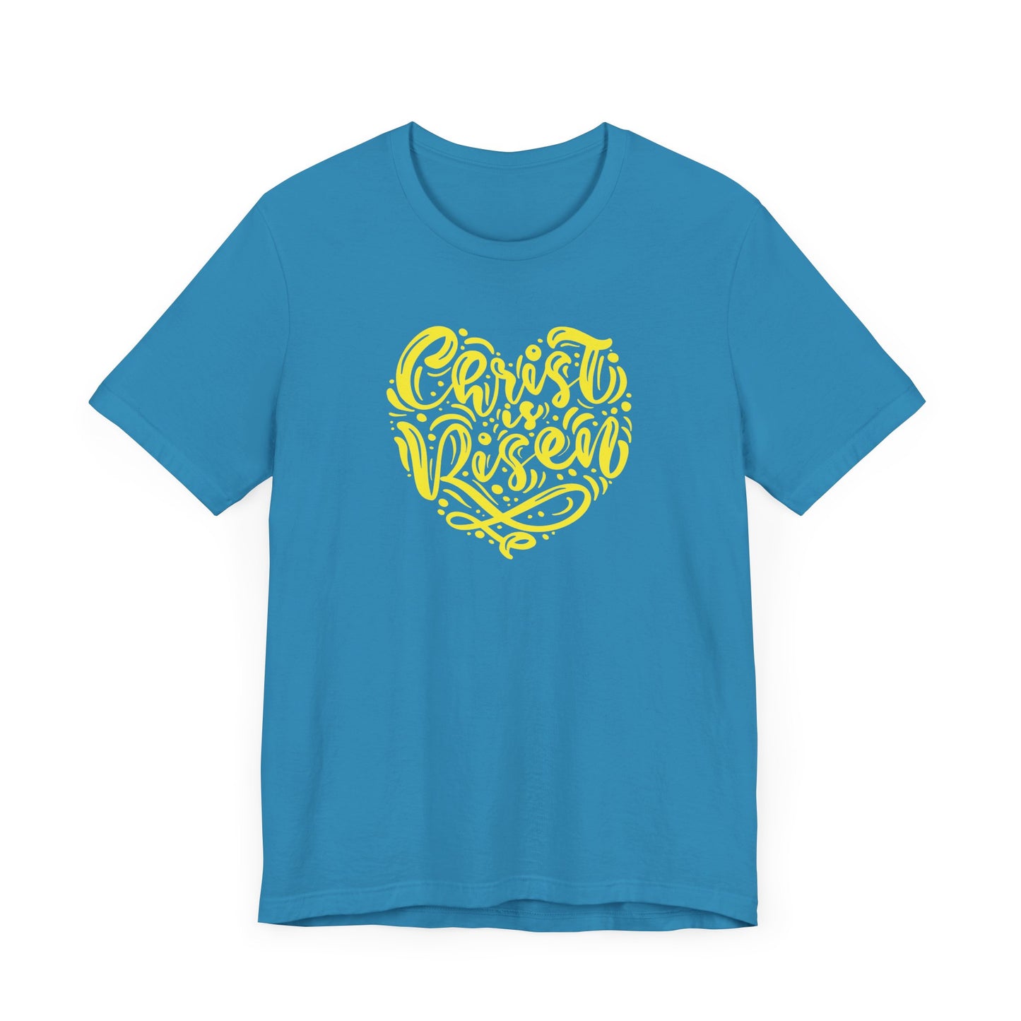 Unisex Jersey Short Sleeve Tee Easter 'Christ is Risen' Heart Shaped Yellow Print