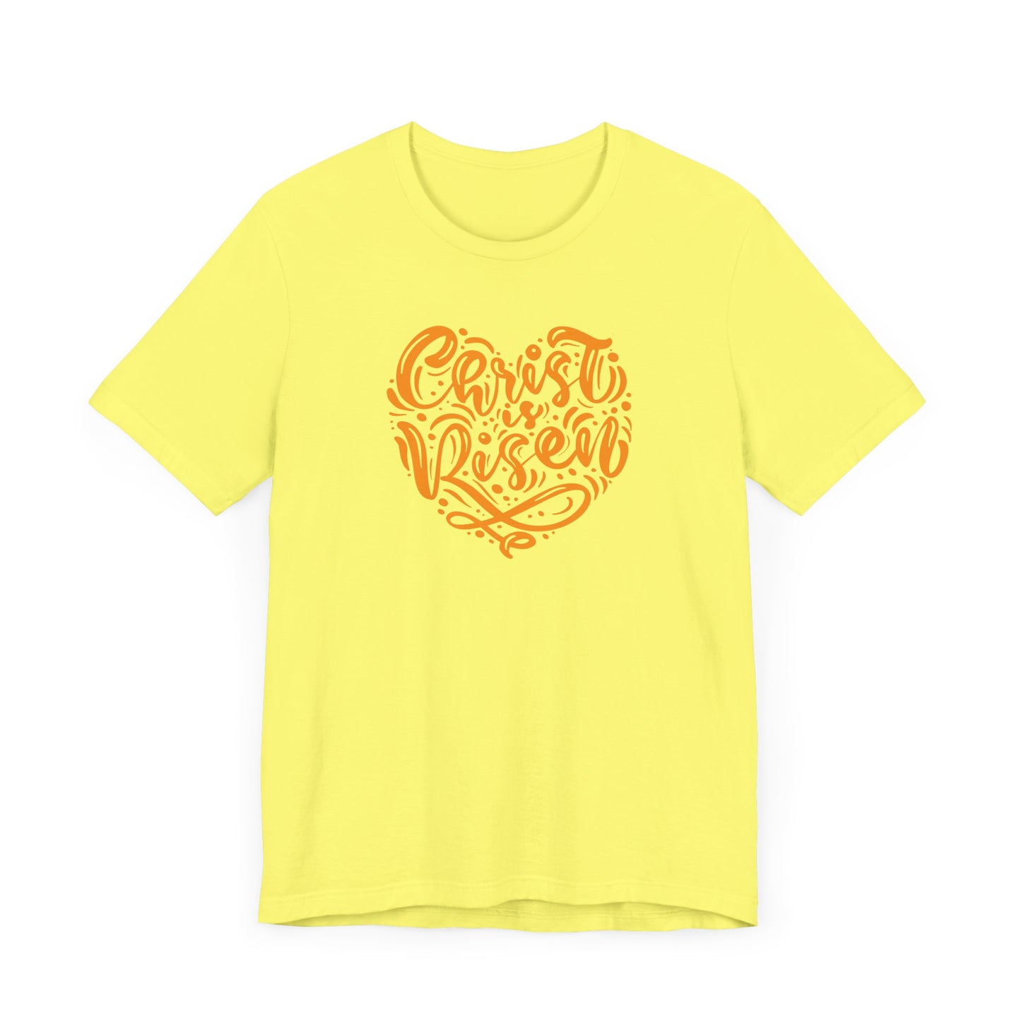 Unisex Jersey Short Sleeve Tee Easter 'Christ is Risen' Heart Shaped Orange Print