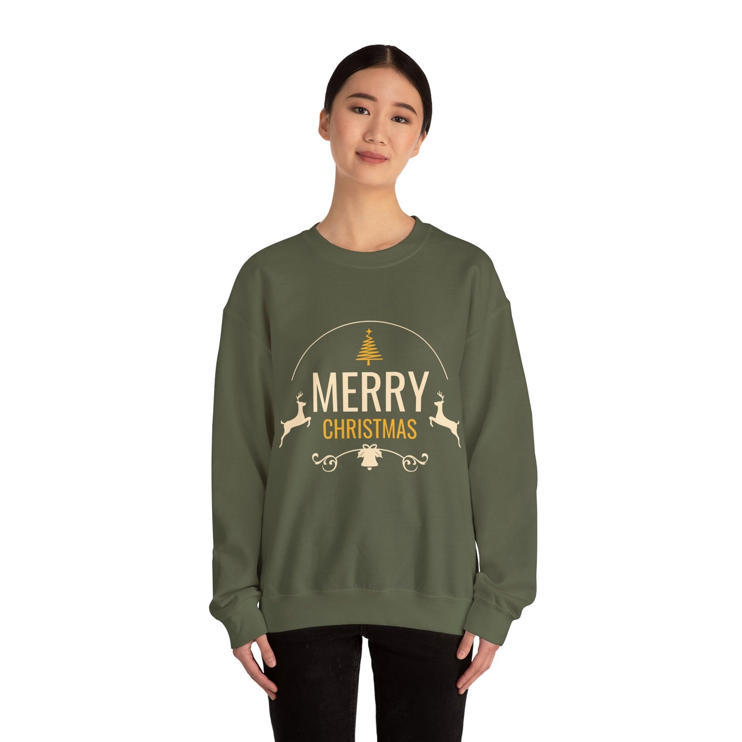 Unisex Heavy Blend Crewneck Sweatshirt Merry Christmas with Leaping Reindeer 🎄🦌